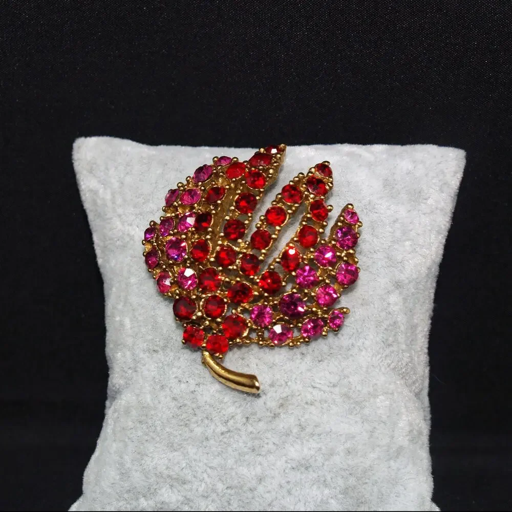 Vintage Floral Red Pink Rhinestone Brooch, Gold Tone, 1990s Jewelry